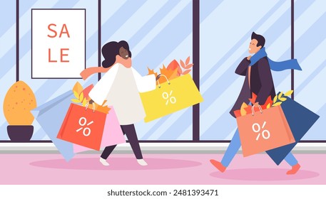 Autumn sale illustration. Cartoon man and woman holding paper bags with percent discount sign and fall leaves, young happy people walking on city street for seasonal shopping in retail shops - Powered by Shutterstock