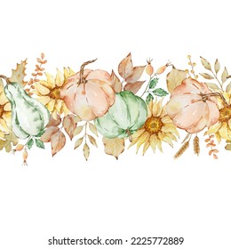 Autumn seamless border of watercolor pumpkins and sunflowers for thanksgiving day design - Powered by Shutterstock