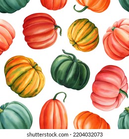 Autumn Seamless pattern. Multicolored pumpkins in watercolor