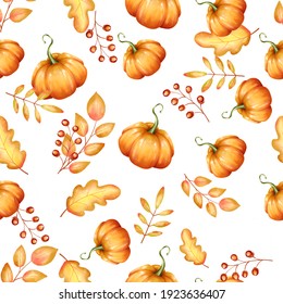 Autumn Seamless Pattern. Yellow Fall Leaves And Pumpkin Ornament On White Background