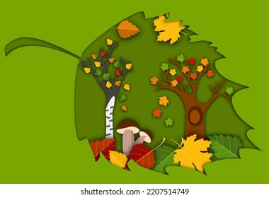 Autumn Season Fall Leaves And Cloudy Landscape In Paper Art Style. In Autumn Time, Silhouette Tree And Hill Are Papercut Art.  3d Illustration Cut Out Of Cardboard