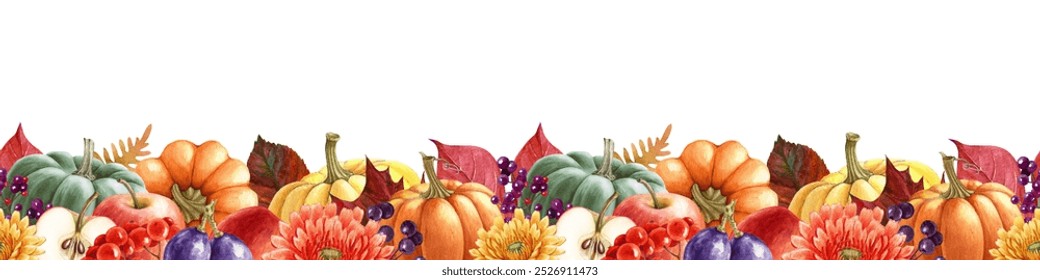 Autumn season pumpkins and fruit seamless border decor. Watercolor illustration. Ripe pumpkins, fruit, bright fallen leaves, berries, autumn flowers decor element on white background - Powered by Shutterstock