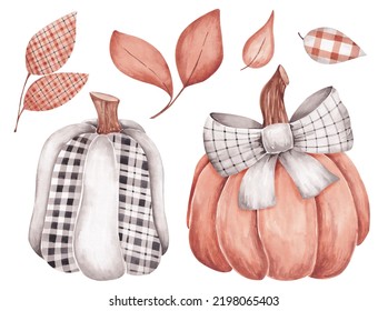 Autumn Set Hand Drawn By Watercolor. Halloween, Thanksgiving Scene Decor Elements. Leaves, Pumpkins Decorated With Buffalo Style Patterns. Isolated On White Background. 