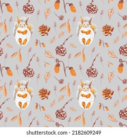 Autumn squirrels seamless pattern drawn in wax crayons on gray background.Fall holiday print for Thanksgiving with oil crayons.Designs for textiles,wrapping paper, packaging,printing,scrapbooking.