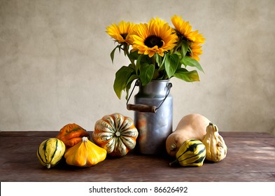 Autumn Still  Life Illustration and different shaped   colored pumpkins