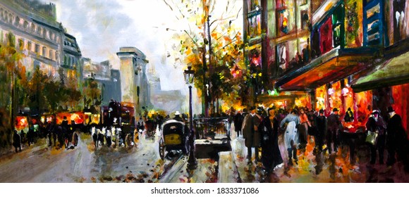 Autumn Streets Of Paris. Art Nouveau 19th Century, Oil Painting