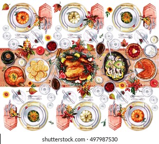 Autumn Table Decorations. Place setting - Watercolor Illustration. - Powered by Shutterstock