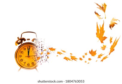 autumn time start clock breaking in piecies autumn leaves isolated in white background psychology feelings - 3d rendering - Powered by Shutterstock