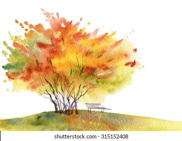 Autumn Tree With Bench. Watercolor Illustration.