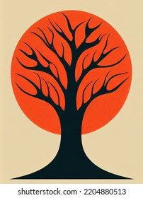 Autumn Tree With A Round Red Crown. Stylized Autumn Tree. Flat Illustration. Digital Illustration.