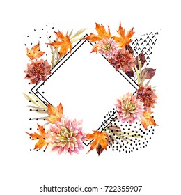 Autumn Watercolor Floral Arrangement. Background With Flowers, Leaves, Geometrical Shapes Filled With Doodle Texture. Hand Drawn Watercolour Art Illustration For Fall Design.