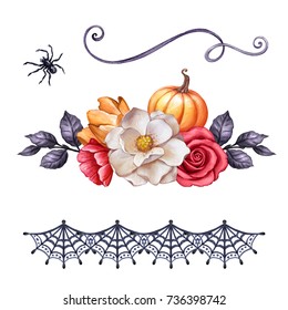 Autumn Watercolor Illustration, Halloween Ornaments, Fall Flowers, Pumpkin, Festive Clip Art Isolated On White Background
