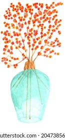 Autumn Watercolor Illustration. A Hand-drawn Glass Blue Vase With Dried Flowers With Sprigs Of Red And Orange Flowers.