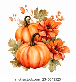 Autumn watercolor illustration with pumpkins and flowers leaves isolated on white background. Watercolor hand-painted perfect for design decorative greeting cards, or posters in the autumn festival. - Powered by Shutterstock