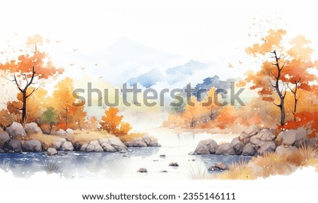 autumn watercolor landscape, forest, fall, river