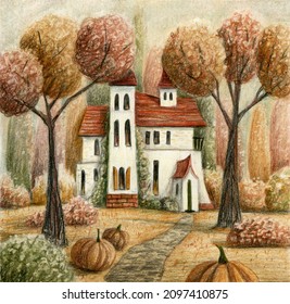Autumn witch house and pumpkins  trees   forest  Hand drawn colored pencils illustration 