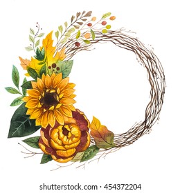 Autumn Wreath Leaves And Flowers. Watercolor Illustration.