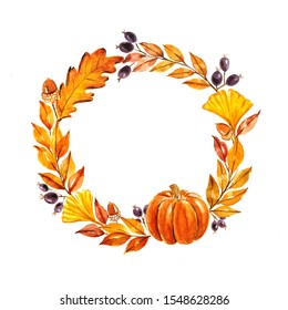 Autumn Wreath With Pumpkin Watercolor Illustration