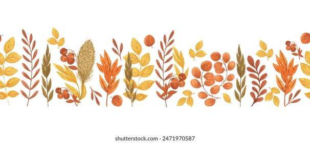 Autumn yellow, orange, brown fancy leaves seamless horizontal border watercolor illustration, simple repeat ornament for textile, fabric, gift paper, seasonal Thanksgiving holiday celebration design - Powered by Shutterstock