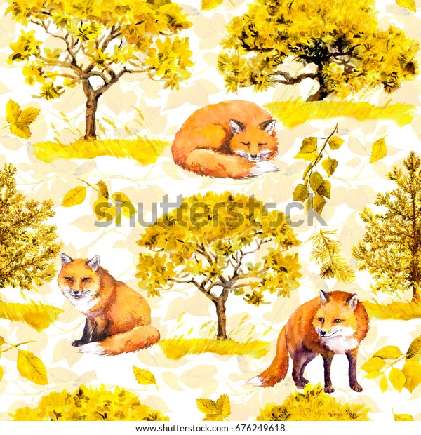 秋の黄色い木 キツネの動物を描いた森の模様の公園 シームレスな背景 水彩 のイラスト素材