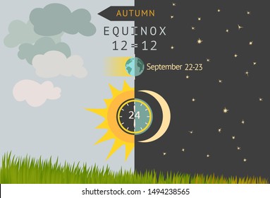 Autumnal Equinox, Day And Night Are Equal To 12 Hours. Astronomical Beginning Of Autumn. Night Becomes Longer Than Day In The Northern Hemisphere. Sun And Moon Over Grass Field. Raster Version.