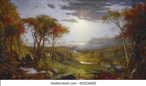 Autumn-On the Hudson River, Jasper Francis Cropsey, 1860, American painting, oil on canvas. The view is toward the southeast and includes Storm King. Cropsey painted the large canvas in his London st