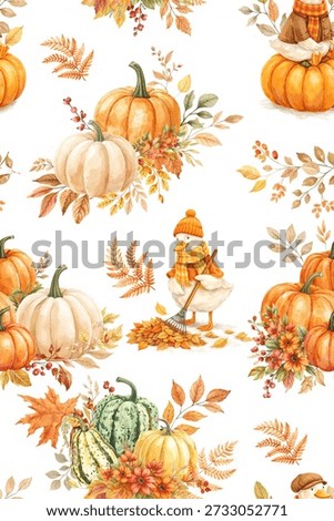Autumn-themed pattern featuring pumpkins, gourds, fall leaves, berries, and flowers on a white background, with a cute duck. Suitable for seasonal backgrounds and decor designs.