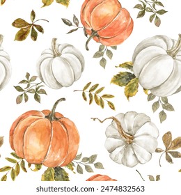 Autumn-themed repeat print with orange and white pumpkins and leaves. Watercolor fall gourds illustration. Botanical designer paper. - Powered by Shutterstock