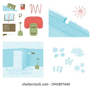 Avalanche Safety Equipment, Snow Study Kit And Stability Test. Color Illustration