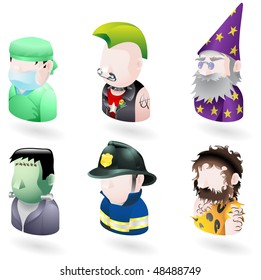 An Avatar People Web Or Internet Icon Set Series. Includes A Doctor Or Surgeon, A Punk, A Wizard Or Magician, Frankenstein Monster, A Firefighter Or Fireman And A Caveman.