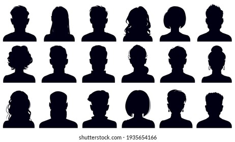 Avatar portrait silhouettes. Woman and man faces portraits, anonymous characters avatars. Adult people head silhouettes  illustration set