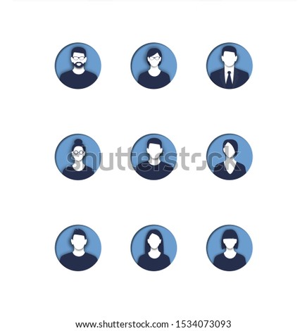 Avatar profile icon with shadow. Set of Men and Women Characters Portraits, Round Avatar Icons Isolated on White Background, Collection of Young People Different Hair Styles, Types.