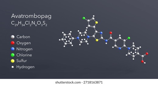 avatrombopag molecule 3d rendering, flat molecular structure with chemical formula and atoms color coding