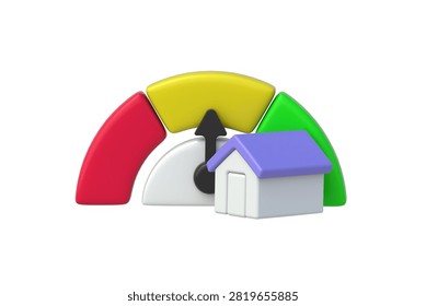 Average property condition. Middle home quality rating. Unsatisfactory energy efficiency of housing. House near yellow sector of performance gauge isolated on white background. 3d render