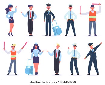 Aviation Crew. Avia Company Workers Team, Captain, Pilots, Air Hostess And Crossing Guard. Flight Aviation Aircraft Command  Illustrations. Transport Service , Man And Woman In Uniform