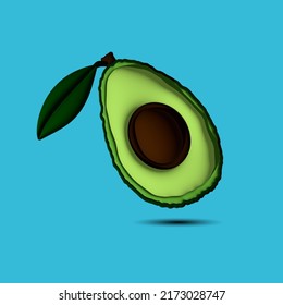 Avocado 3d illustration. Avocado, cut in half, slice, leaves, pit and leaves in cartoon style. Summer exotic fruits. Set of Vegetables. Realistic vector avocado illustration.