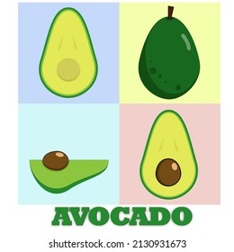 Avocado Illustration, Green. Four Different Shapes. 