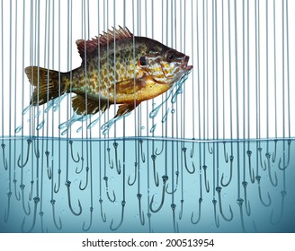 Avoid Risk Escape Danger As A Business Metaphor With A Jumping Fish Breaking Free Out Of Water That Is Full Of Sharp Fishing Bait Hooks As A Symbol Of Overcoming Difficult Challenges.