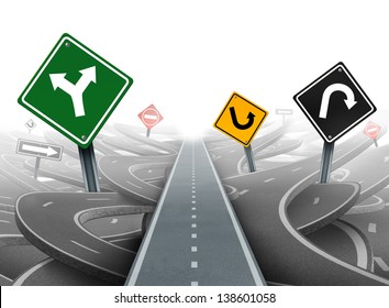 Avoiding distractions with focus on a clear strategy for solutions in business leadership as a straight path to success choosing a right strategic plan with yellow green black and red traffic signs.