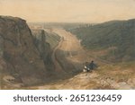 The Avon Gorge, Looking toward Clifton. Vintage riverside landscape painting artwork, old illustration of riverside landscape.