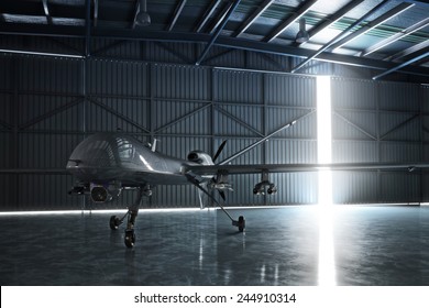 Awaiting Flight. Lone Drone U.A.V Aircraft Awaiting A Military Mission In A Hangar. 3d Model Scene.