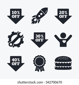 Award achievement, spanner and cog, startup rocket and burger. Sale arrow tag icons. Discount special offer symbols. 10%, 20%, 30% and 40% percent off signs. Flat icons.