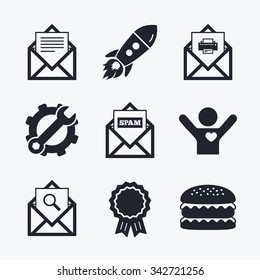 Award Achievement, Spanner And Cog, Startup Rocket And Burger. Mail Envelope Icons. Print Message Document Symbol. Post Office Letter Signs. Spam Mails And Search Message Icons. Flat Icons.