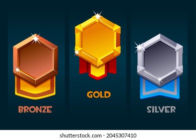 Award Badge For Game Resources, Blank Medallion With Ribbon For Ui. Set Gold, Silver, Bronze Emblems Templates. Similar JPGcopy