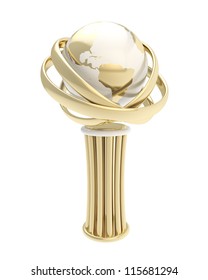 Award Prize Shiny Golden Metal Statuette Cup With Earth Globe Inside Isolated On White Background