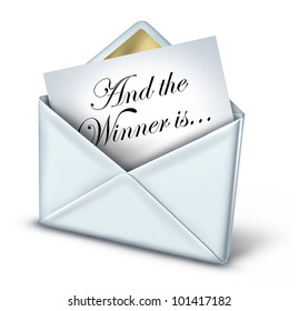 Award Winner Envelope With A White Letter And Gold Trim Unveiling The Name Of The Winning Recipient As A Symbol Of Business Or Entertainment Success And Achievement On A White Background.