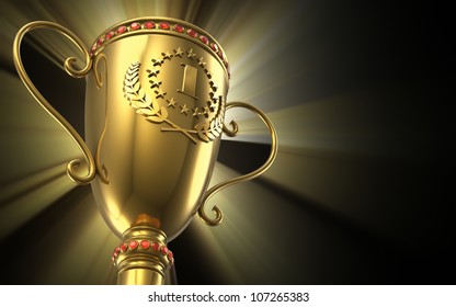 Award winning and championship concept: golden glowing trophy cup on black background