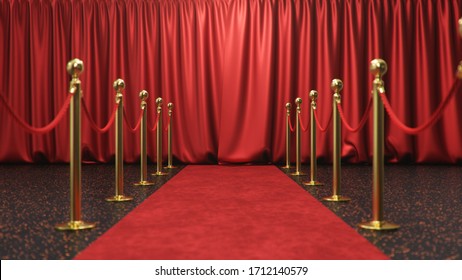 Awards show background with closed red curtains. Red velvet carpet between golden barriers connected by a red rope. Curtains theater stage, 3d Rendering