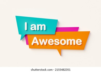 I'm Awesome. Cartoon Speech Bubble In Orange, Blue, Purple And White Text. 3D Illustration	