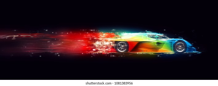 Awesome Colorful Super Fast Race Car - Cosmic Trails Effect - 3D Illustration